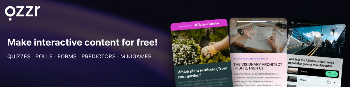 Make interactive content for free on qzzr — quizzes, polls, forms, predictors, minigames